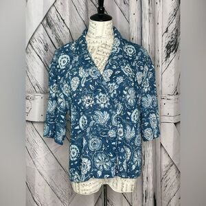 Zara Blue Floral Print Button Down Crinkle Boxy Shirt Small